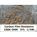 100K Ohm Carbon Film Resistors 1/4W 5%. (Pack of 5) 100K Ohm Carbon Film Resistors 1/4W 5%. (Pack of 5)