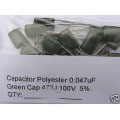 0.047uF Green Polyester Film Capacitors. 100V, 5%. (Pack of 5) 0.047uF Green Polyester Film Capacitors. 100V, 5%. (Pack of 5)